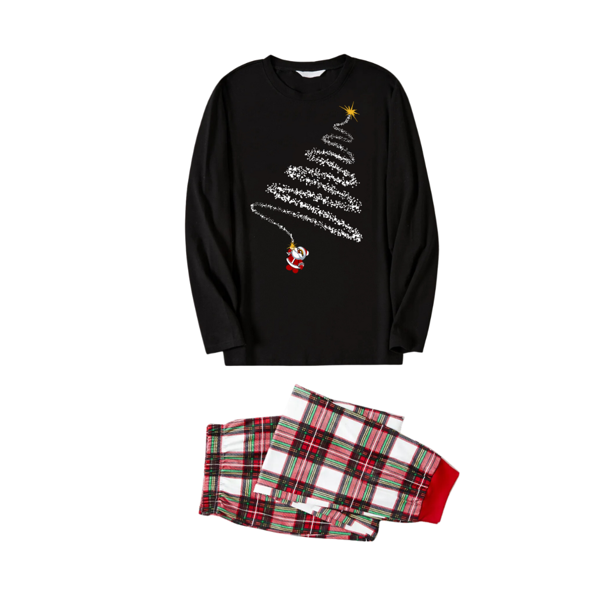 Santa Claus Print Black Long Sleeve Top with Red & White & Green Plaid Family Matching Pajamas