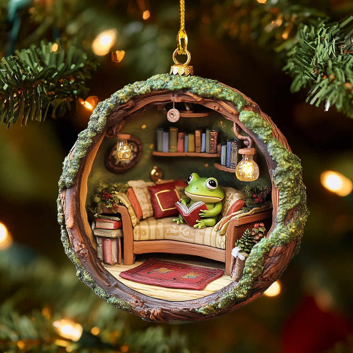 Cozy Frog Reading Nook Ornament