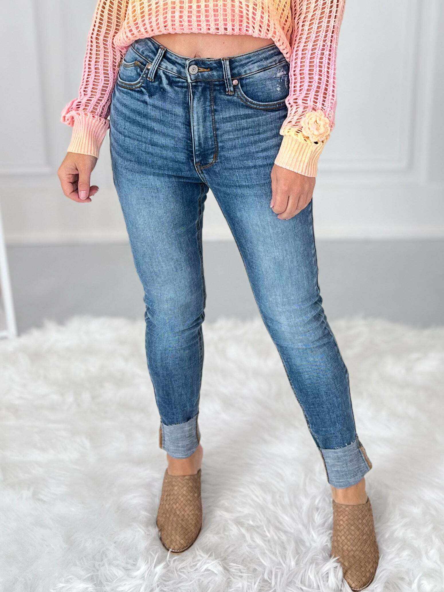 Georgia Peach - Christmas Tummy Control Shield Pocket Skinny Jeans- Final Sale