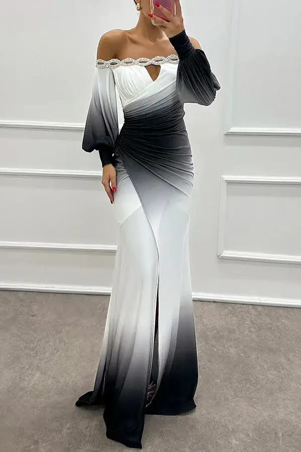 Gradient print boat neck off-shoulder long dress