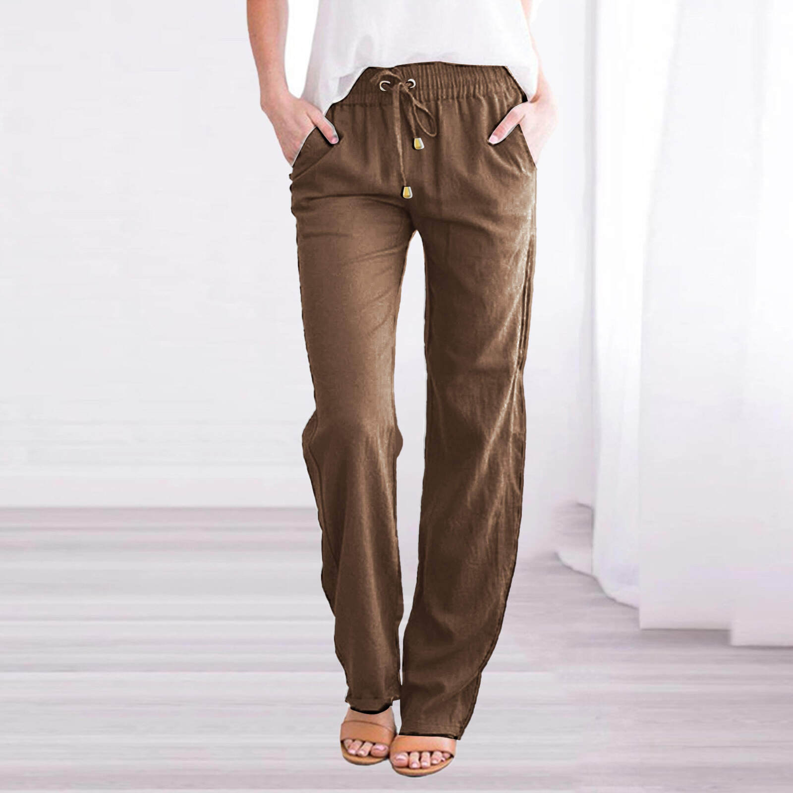 Solid Color Loose Drawcord Casual Wide Leg Pants