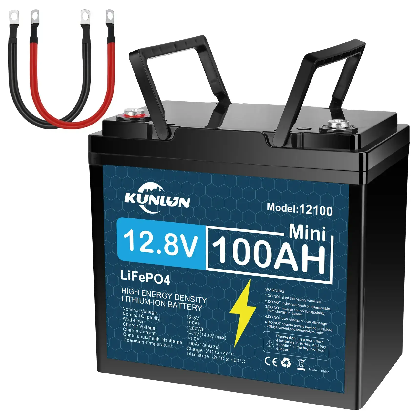 12V 100Ah LiFePO4 High Capacity Battery Model 12100 - 100A Smart BMS, 5000+ Cycles, 1280Wh Energy, Maintenance-Free Rechargeable Outdoor Emergency Power Station for RV, Off-Grid Solar, Marine Trolling Motors