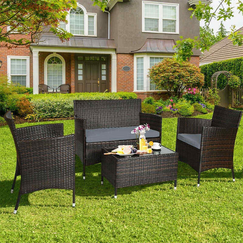 4 Pcs Outdoor Rattan Patio Conversation Set Wicker Furniture Set with Coffee Table and Cushioned Sofas