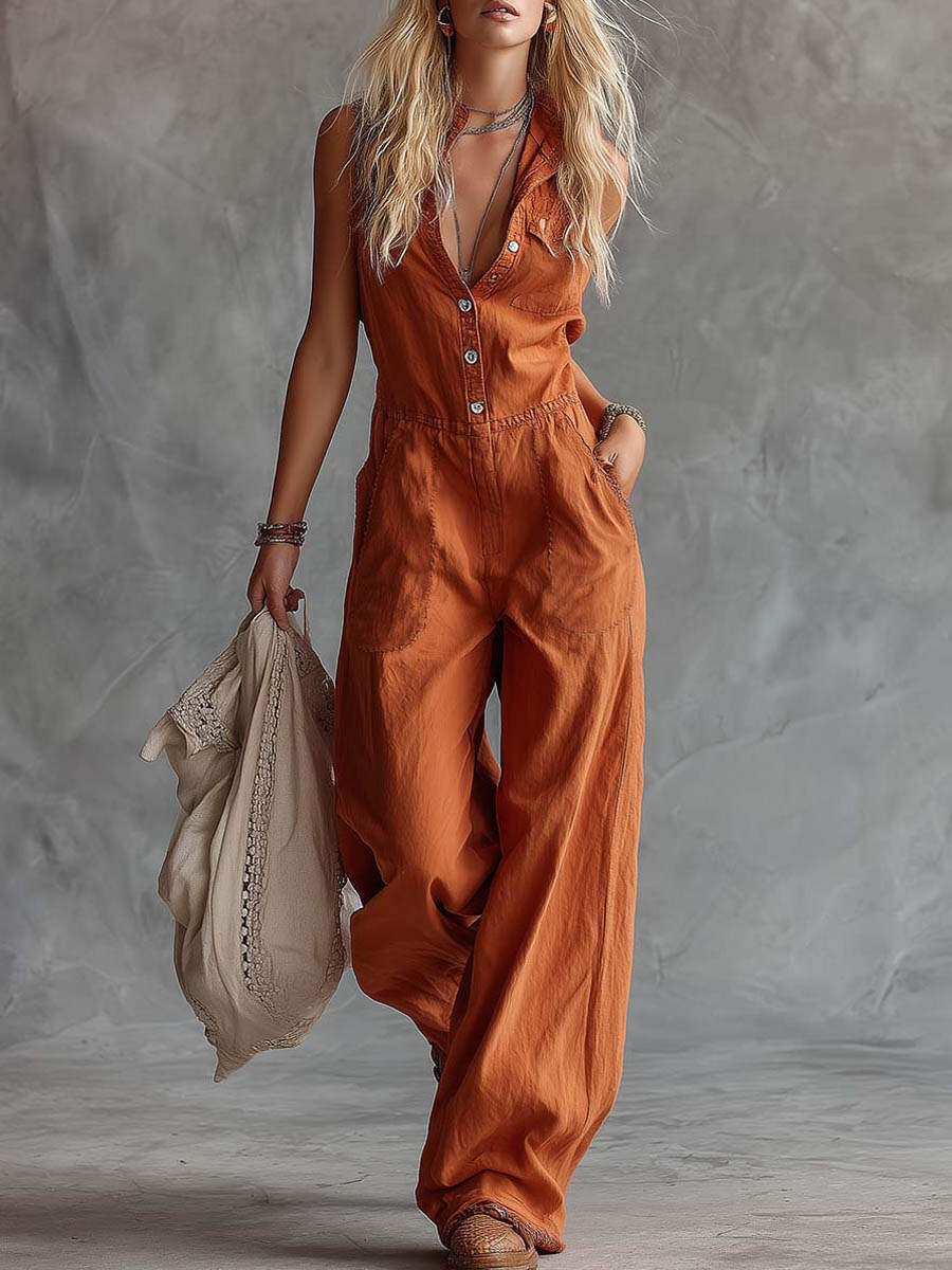 🔥Summer Arrivals🌟Women's Solid Color Shirt Collar Sleeveless Casual Loose Cotton And Linen Wide-leg Jumpsuit