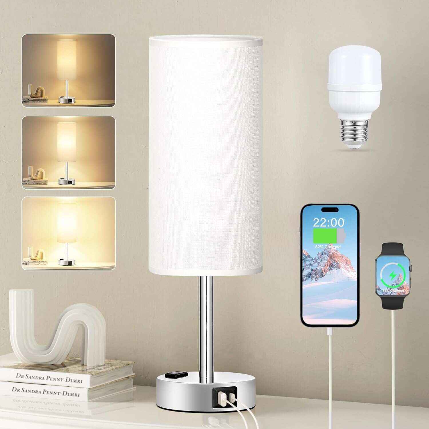 Bedside Table Lamp for Bedroom - 3 Way Dimmable Touch Lamp USB C Charging Ports and AC Outlet, Small Lamp Wood Base Round Flaxen Fabric Shade for Living Room, Desk, LED Bulb Included
