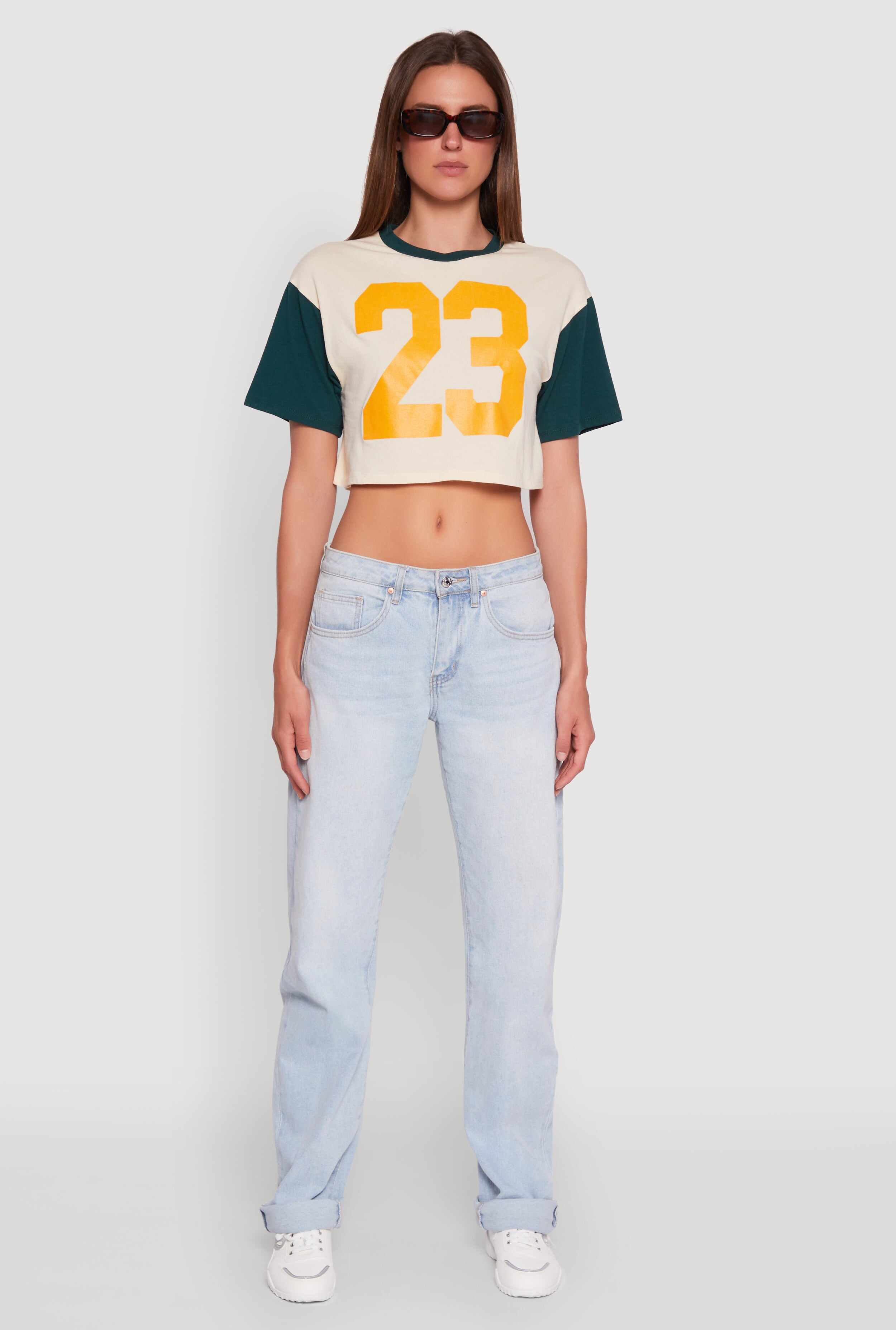 Trendy 23 Graphic Crew Neck Cropped Baseball Tee