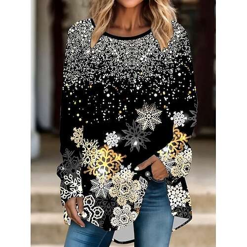 Women's Christmas Sweatshirt Reindeer Snowflake Print Long Sleeve Crew Neck Holiday Red White Casual Festive Winter Clothing Apparel