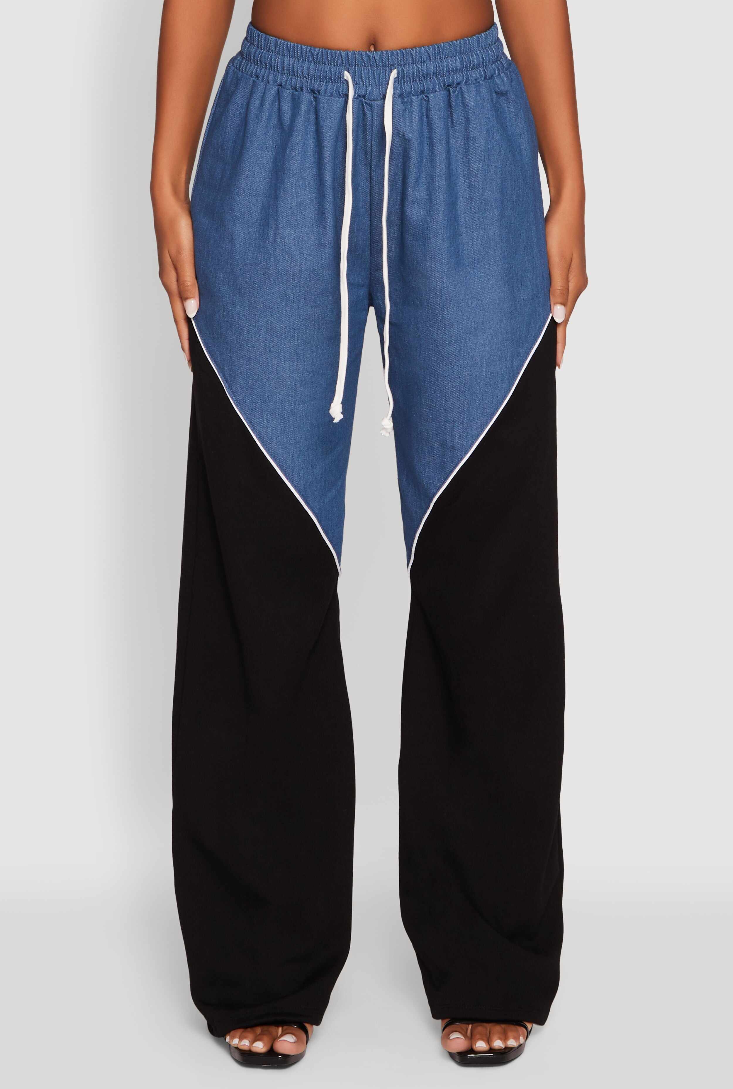 Denim Color Block Drawstring Waist Wide Leg Pants