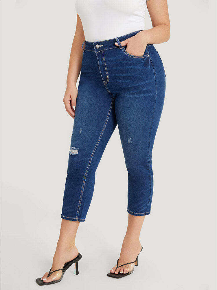 Very Stretchy High Rise Dark Wash Distressed Cropped Jeans