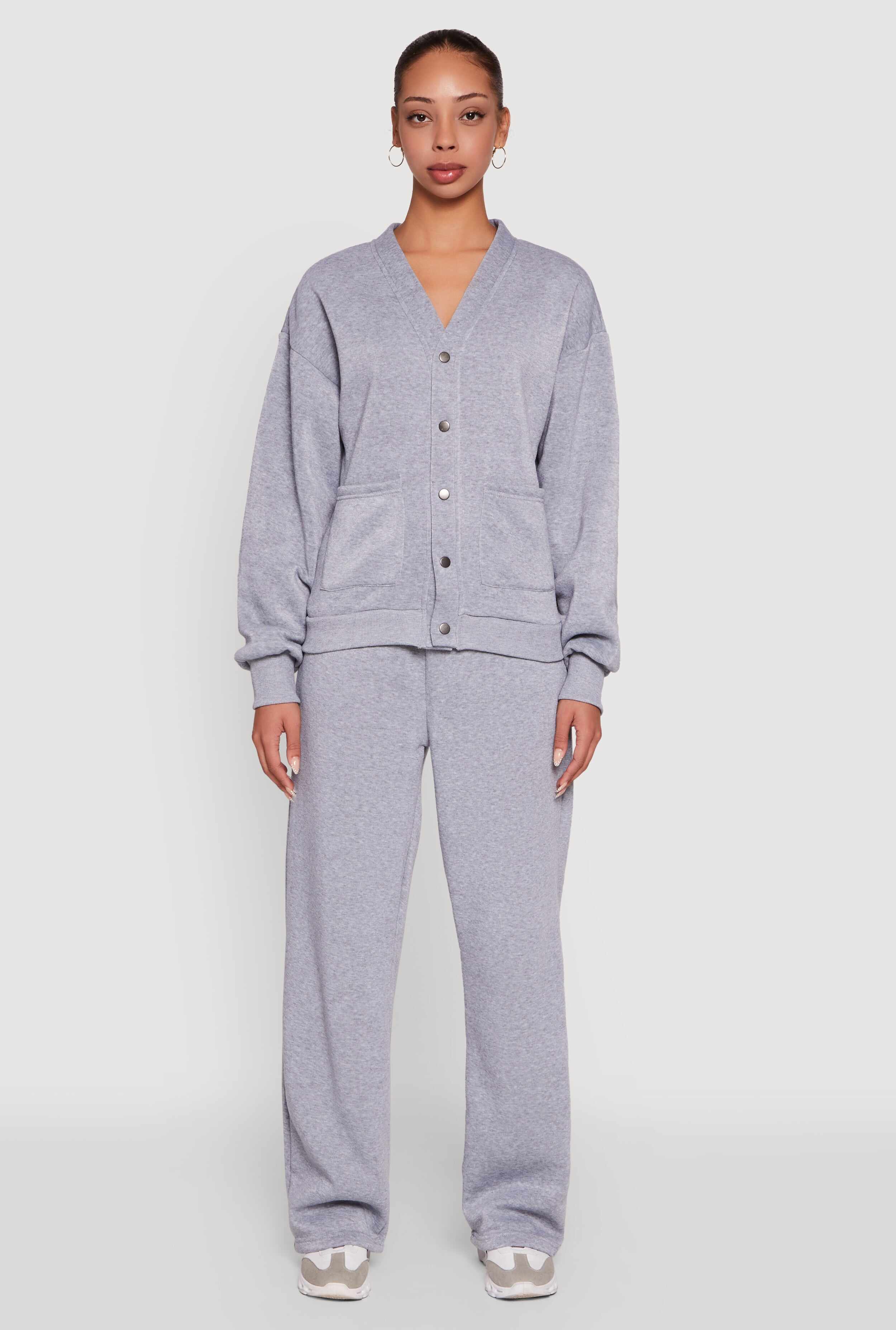 Oversized Fleece Lined V-Neck Button Front Cardigan