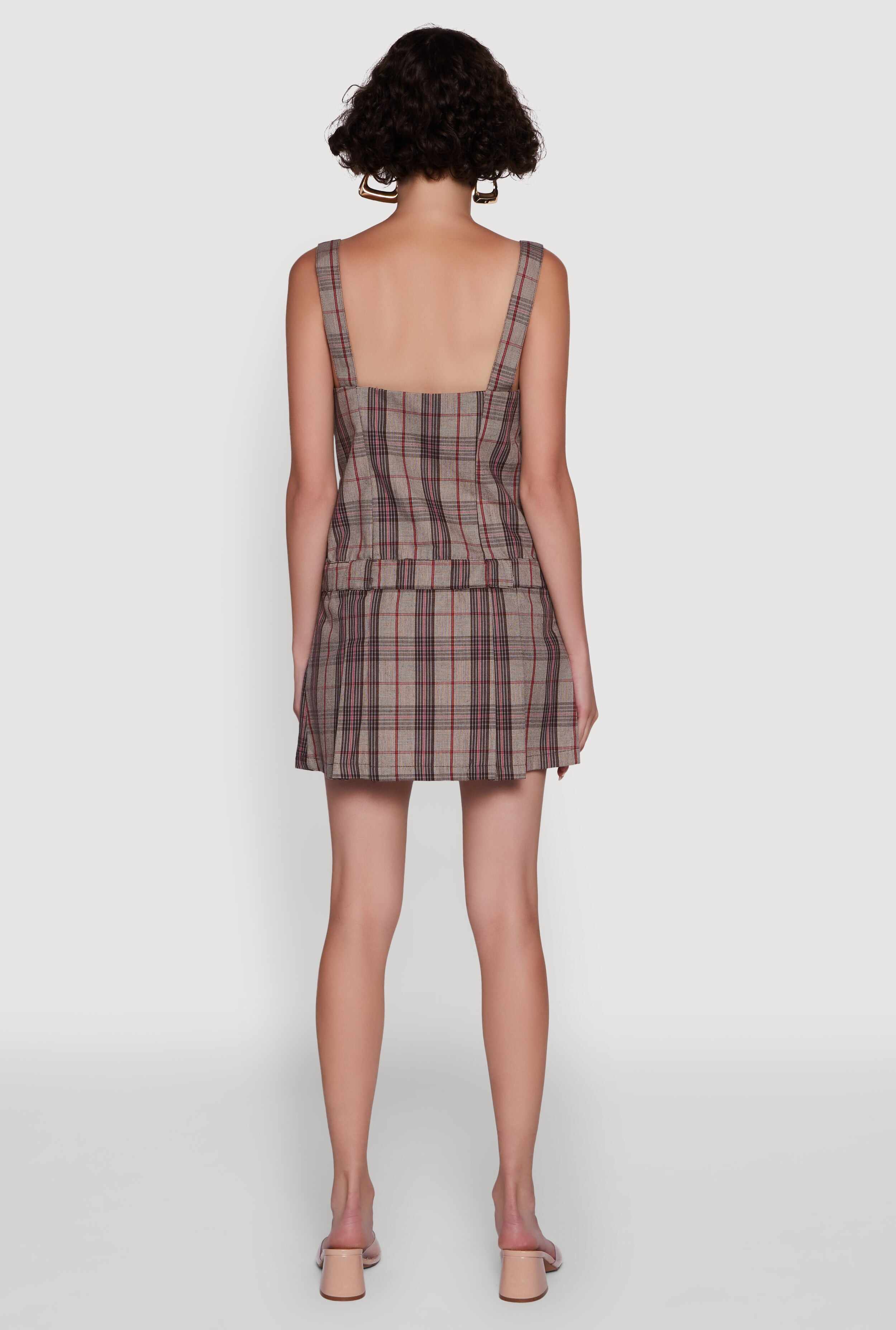Plaid Square Neck Sleeveless Pleated Hem Dress