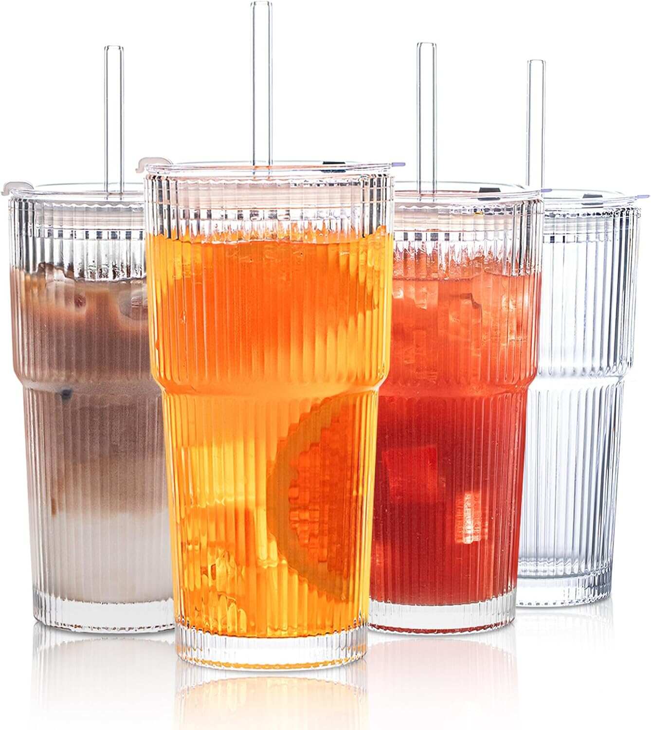 INSETLAN 20 oz (approx. 591.4 ml) Ribbed Glass Tumblers with Lids and Glass Straws – 4-Piece Glassware Set, Thickened Walls, Perfect for Iced Coffee, Smoothies, Cocktails, and Juices – Elegant and Durable Drinking Ware