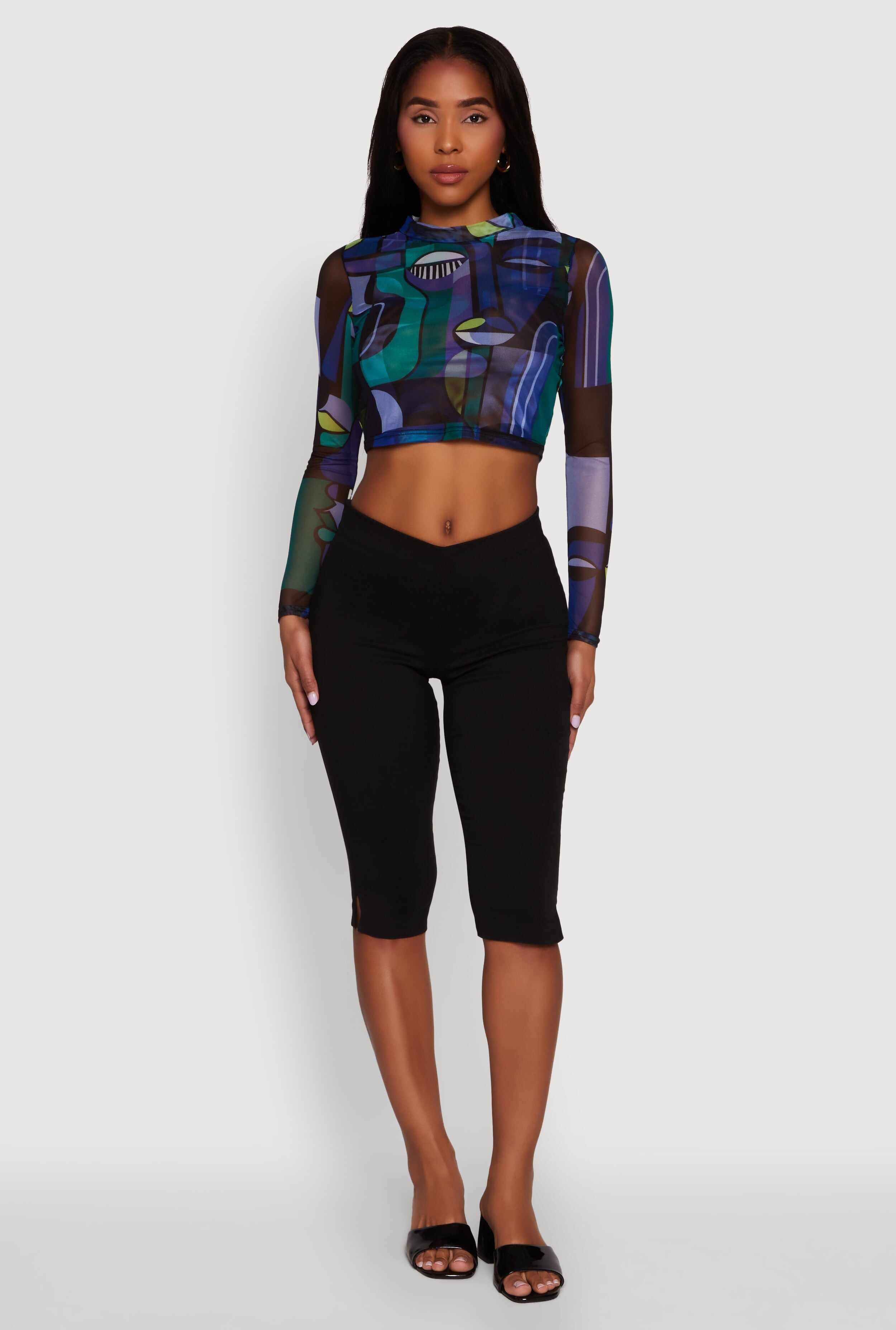 Trendy Mesh Sheer Long Sleeve Crop Top with Printed Pattern