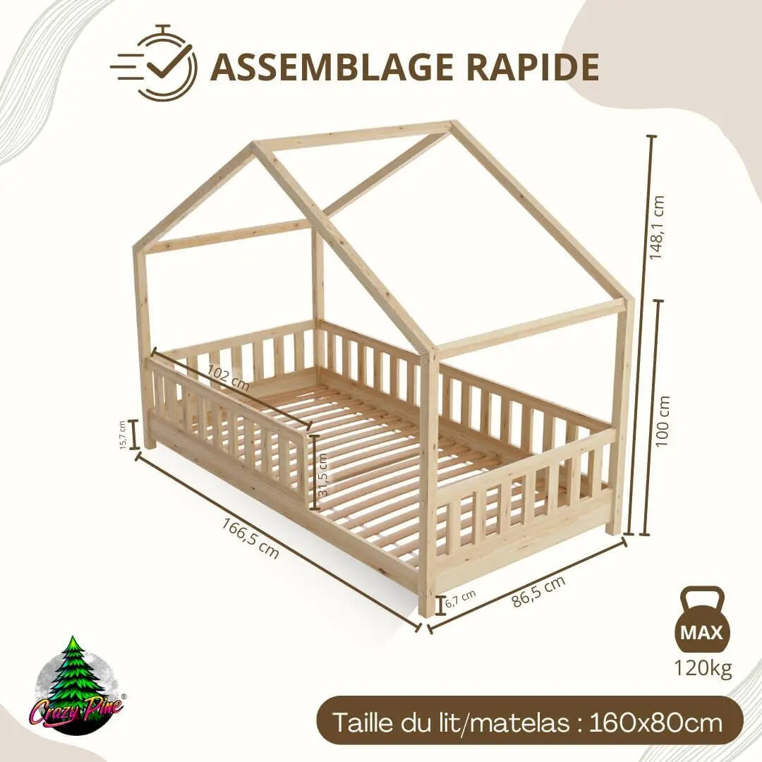 Clearance Sale Crazy Pine Cabin Bed 160x80 cm – Natural Wood Children's Bed with Barrier – Montessori Floor Bed with Height-Adjustable Legs and Removable Barrier - Crazy House