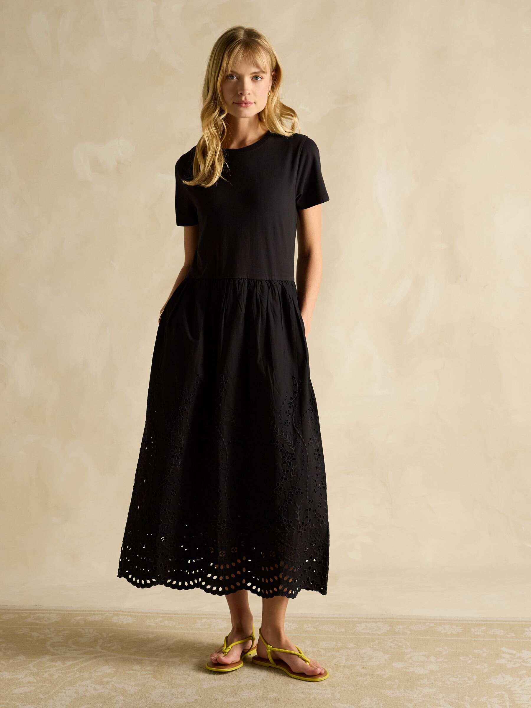 Reid Black Cotton Broderie Midi Dress
