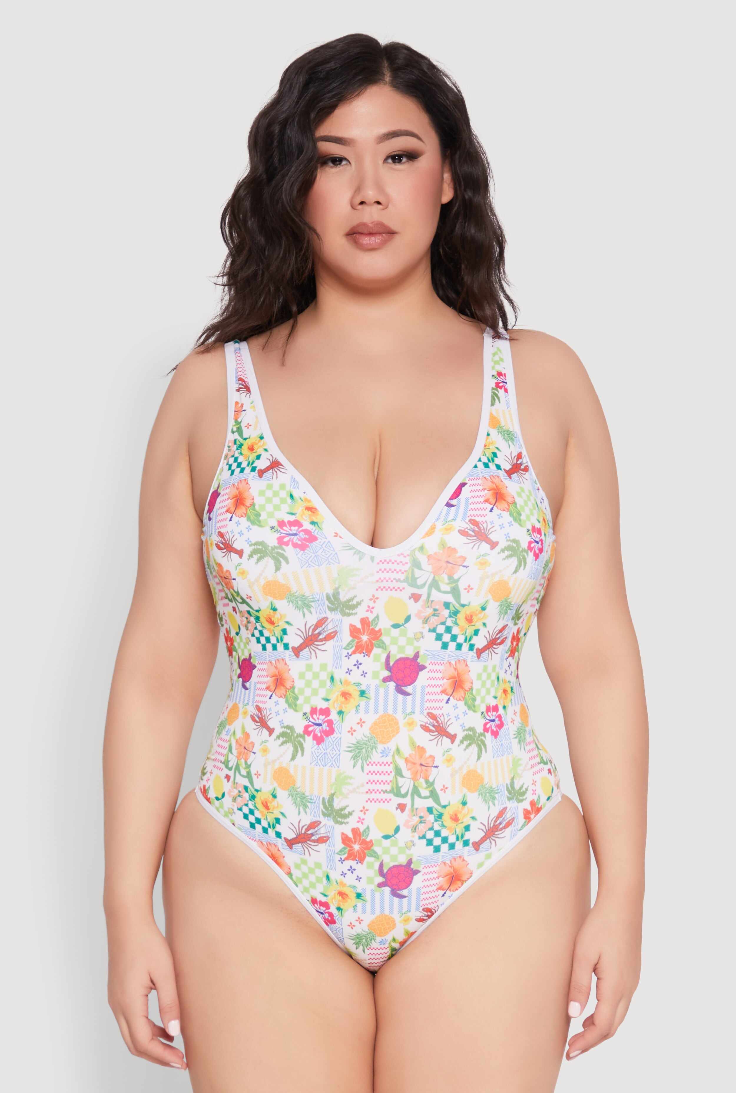 Plus Size Turtle Tropical Floral Print One Piece Swimsuit