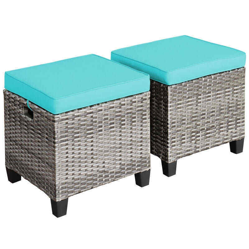 2 Pieces Wicker Patio Ottomans Outdoor Rattan Footstools with Removable Cushions