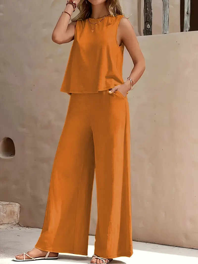 🔥Summer Arrivals🌟Women's Casual Crew Neck Top And Wide-leg Pants Set