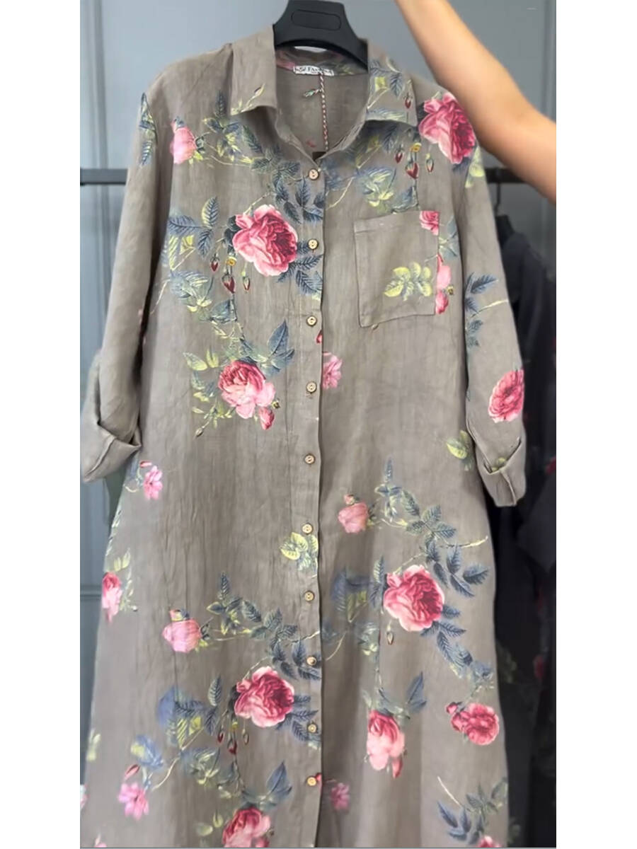 🔥Summer Arrivals🌟Women's Floral Print Cotton and Linen Shirt Dress