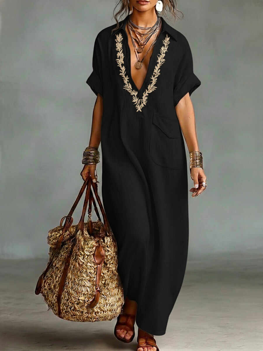 🔥Summer Arrivals🌟Loose-fitting V-neck Linen And Cotton Dress