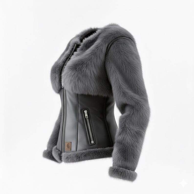 Handmade Black Leather Bomber Jacket, Grey Faux Fur Trim, Slim Fit