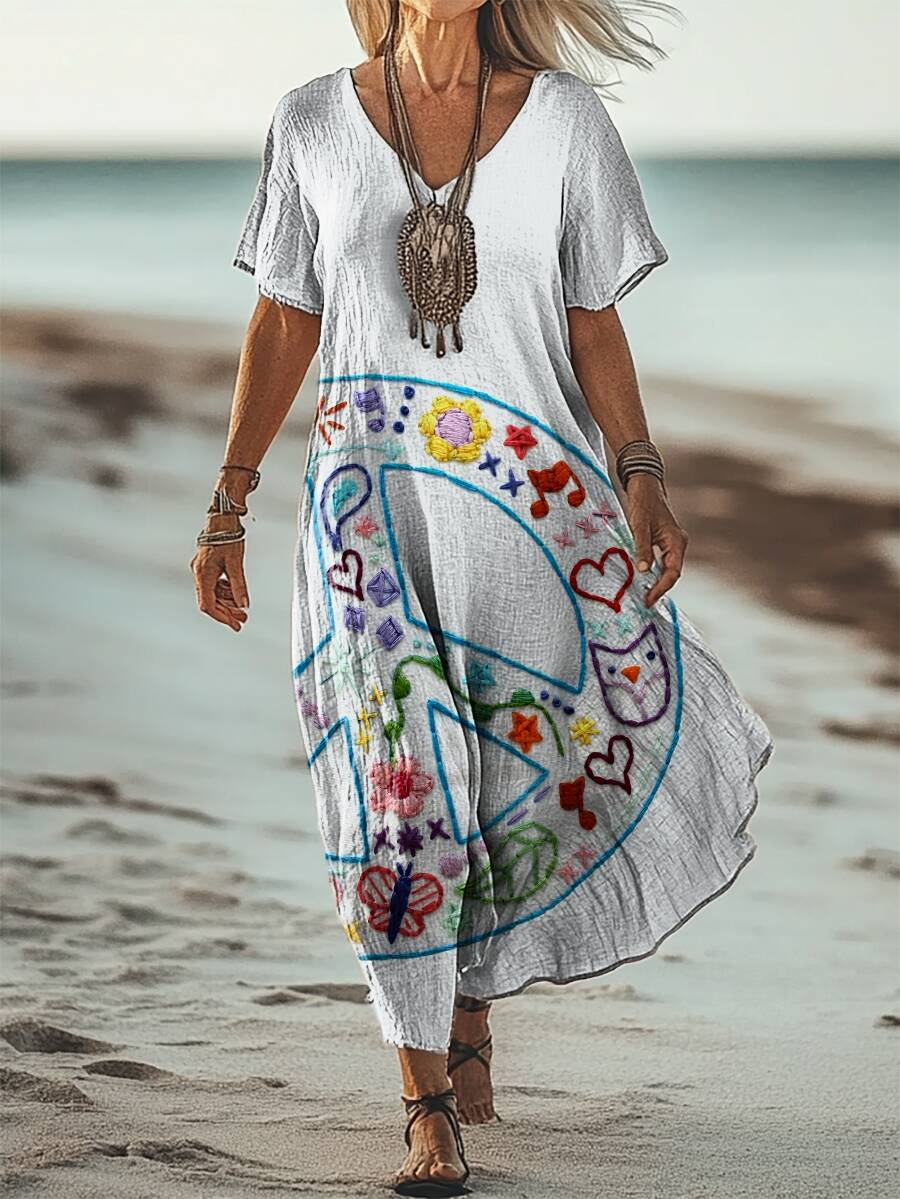 Women's Hippie Peace Collage Art Print Short Sleeve Pocket Cotton Linen Dress