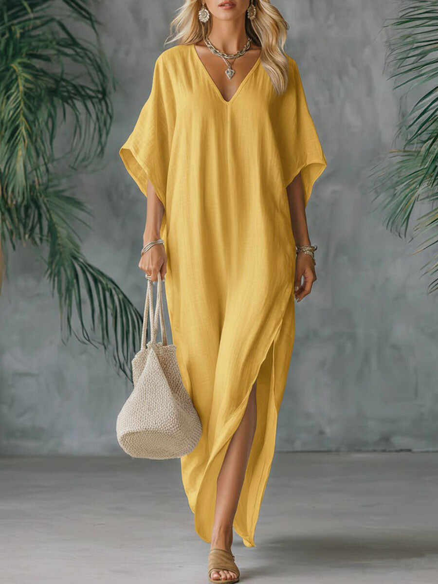 🔥Summer Arrivals🌟Women's Solid Color V-neck 3/4 Sleeve Casual Loose Cotton And Linen Dress