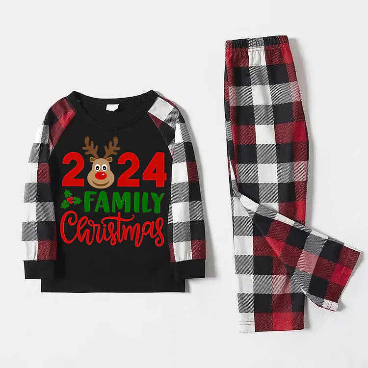 2024 Christmas Reindeer Print Black Plaid Family Pajama Set