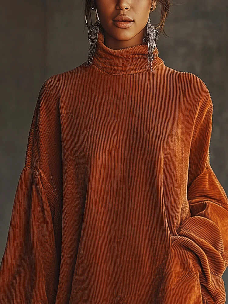 Orange corduroy loose tassel hem high collar dress