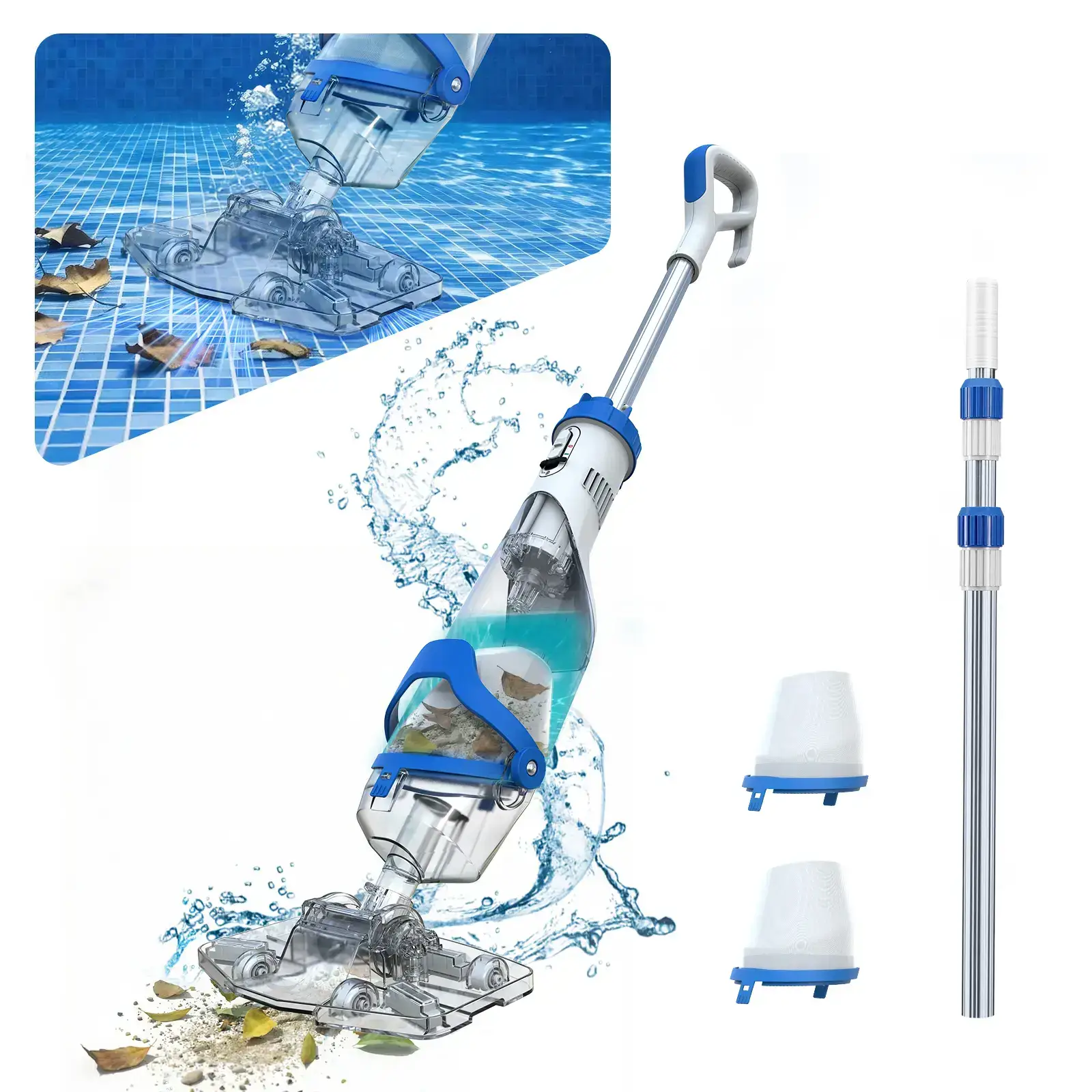 New Upgrade PC18 Pool Vacuum for Above Ground Pool with Telescopic Pole, Running time up to 1H, Handheld Design with Powerful Suction up to 18.5 gallon/min Ideal for Leaves, Debris
