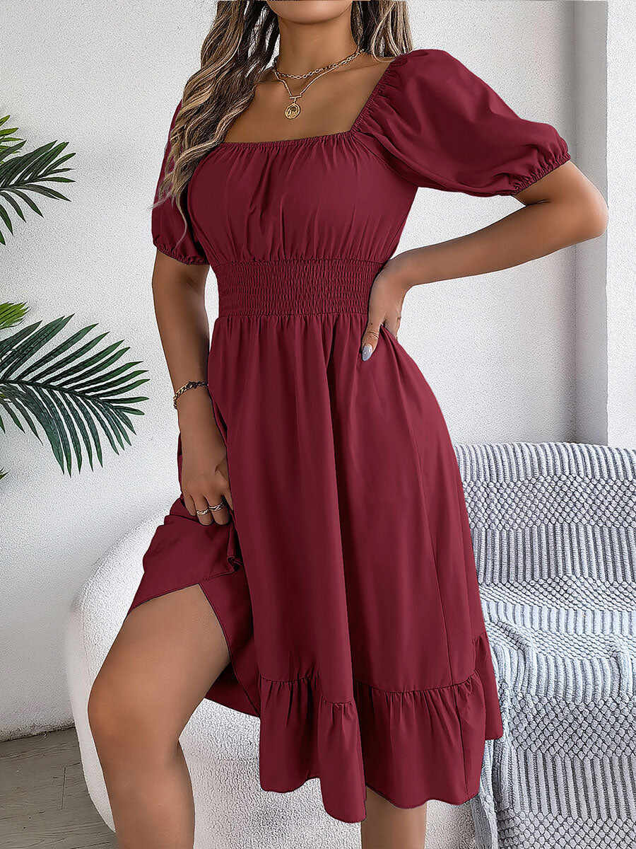 🔥Summer Arrivals🌟Women's Casual Solid Color Square Neck Short Sleeve Dress