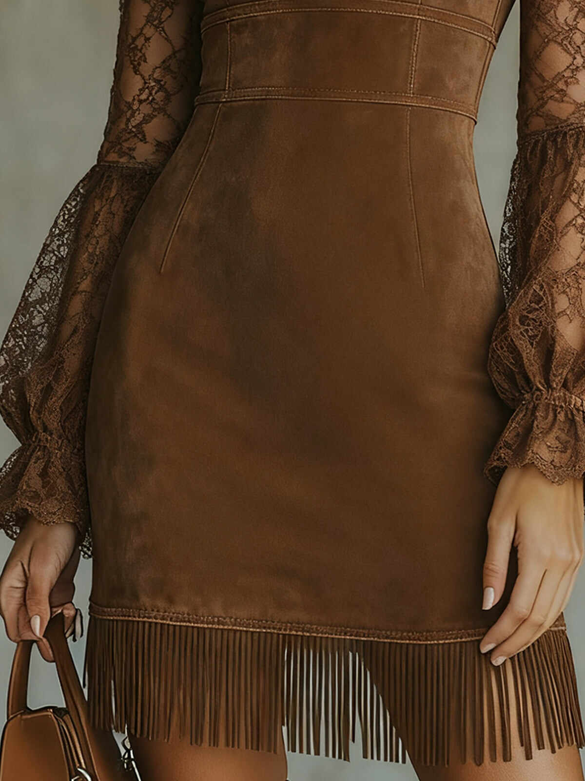 Brown Faux Suede Mini Dress With Lace Sleeves And Fringed Hem