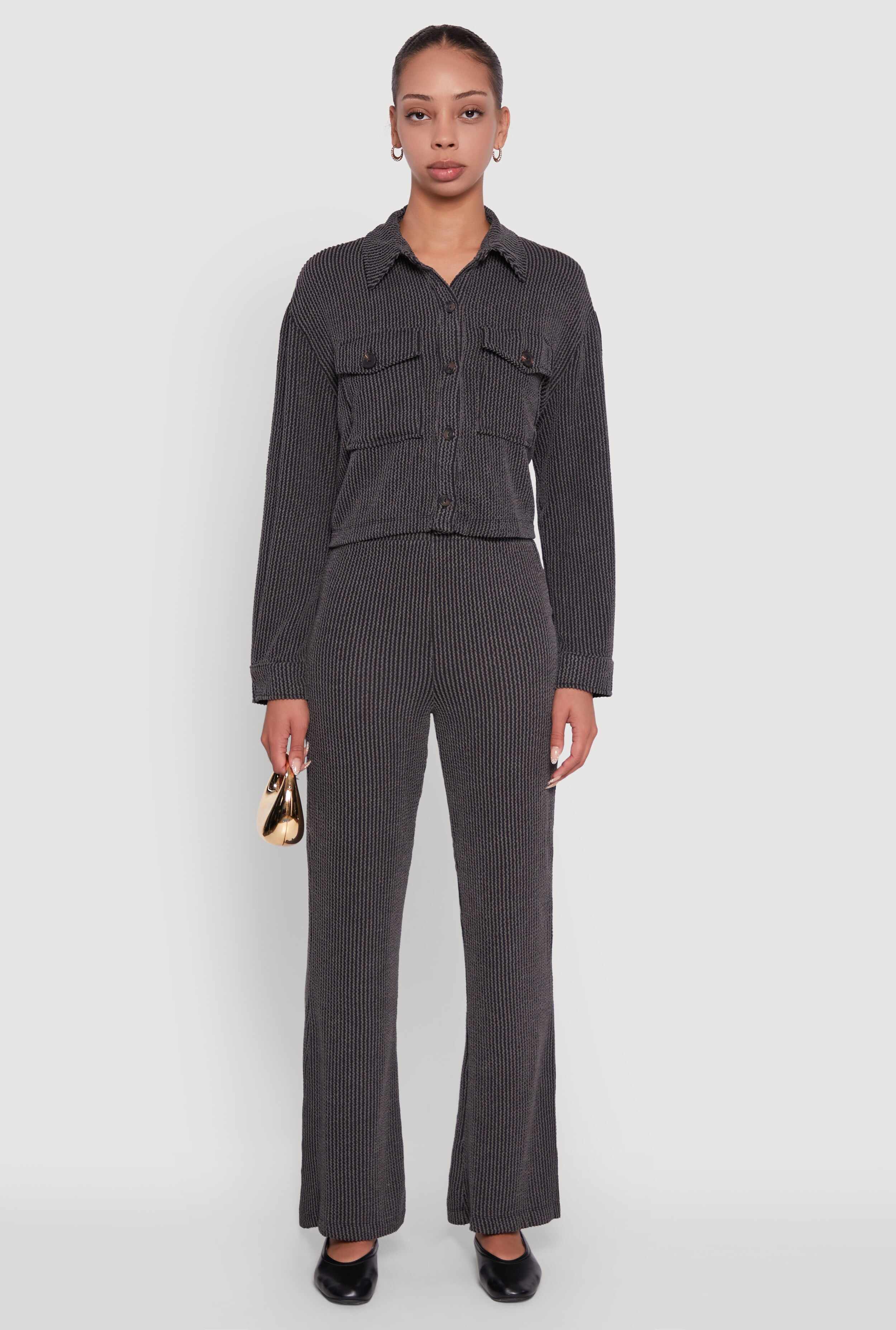Rib Knit Shadow Stripe Button Front Cropped Shirt