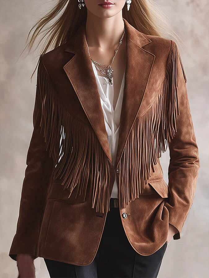 Women's Western Casual Collar Suede Tassel Jacket