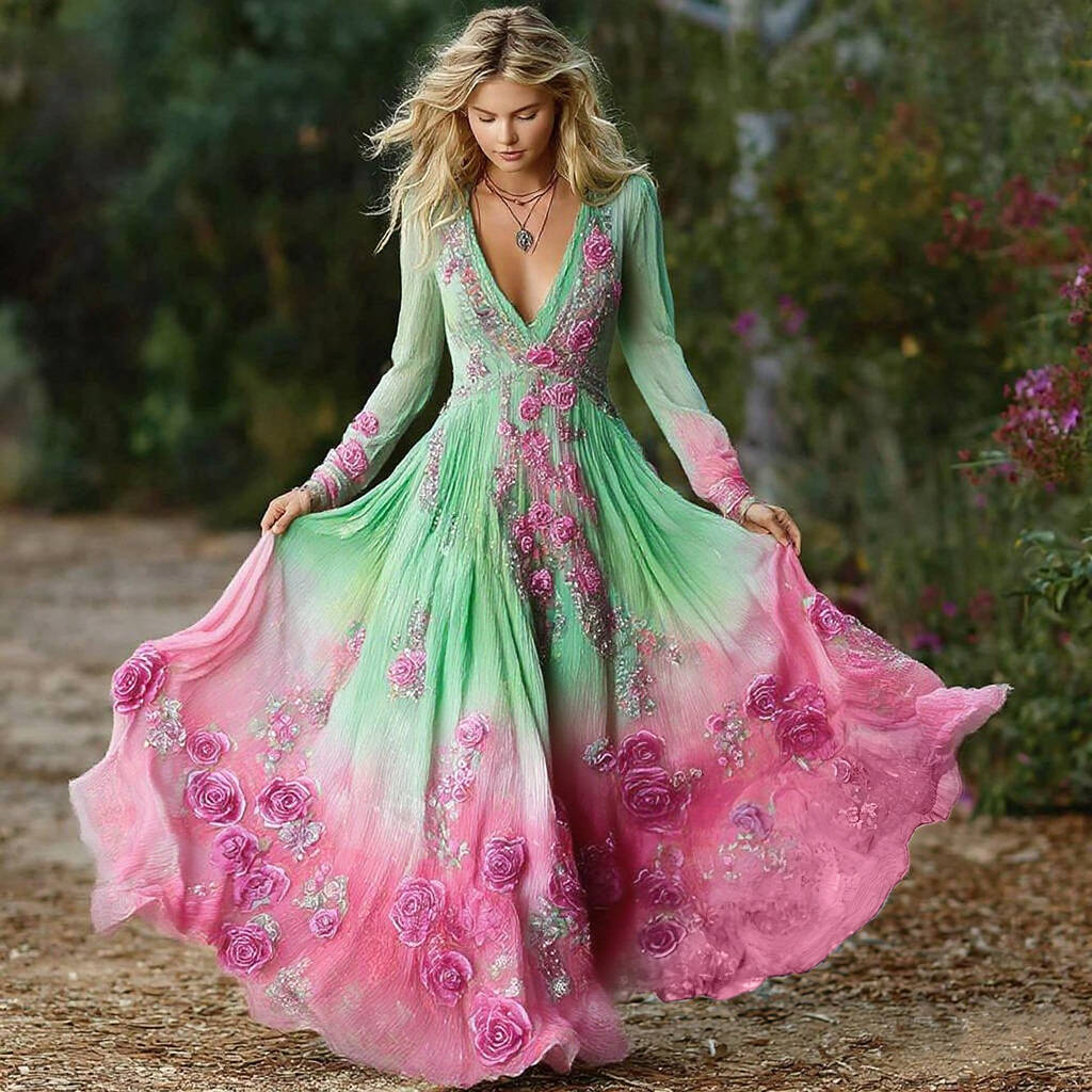 Women's Vintage Purple Rose Art Pattern Gradient Long Sleeve Dress