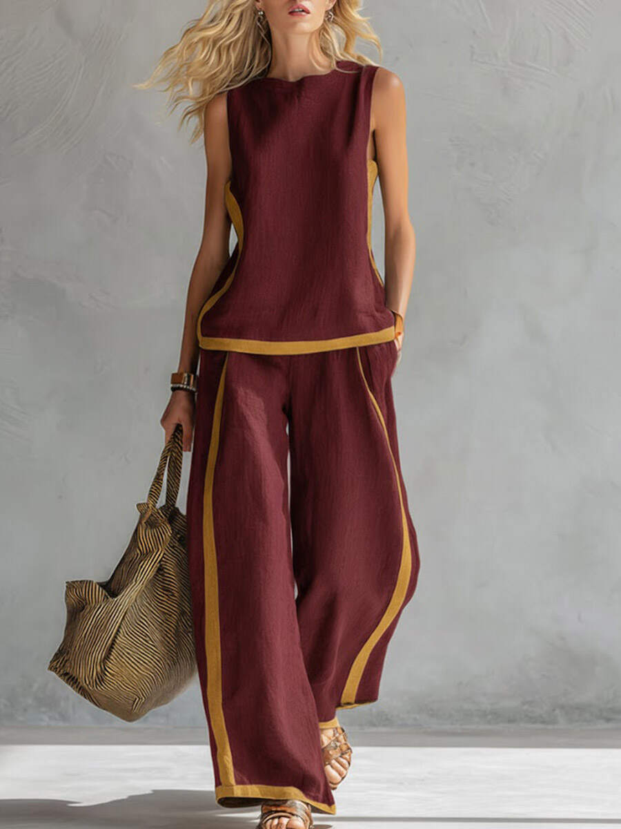 🔥Summer Arrivals🌟Women's Round Neck Sleeveless Casual Loose Top And High-waisted Loose Wide-leg Pants Cotton And Linen Set.