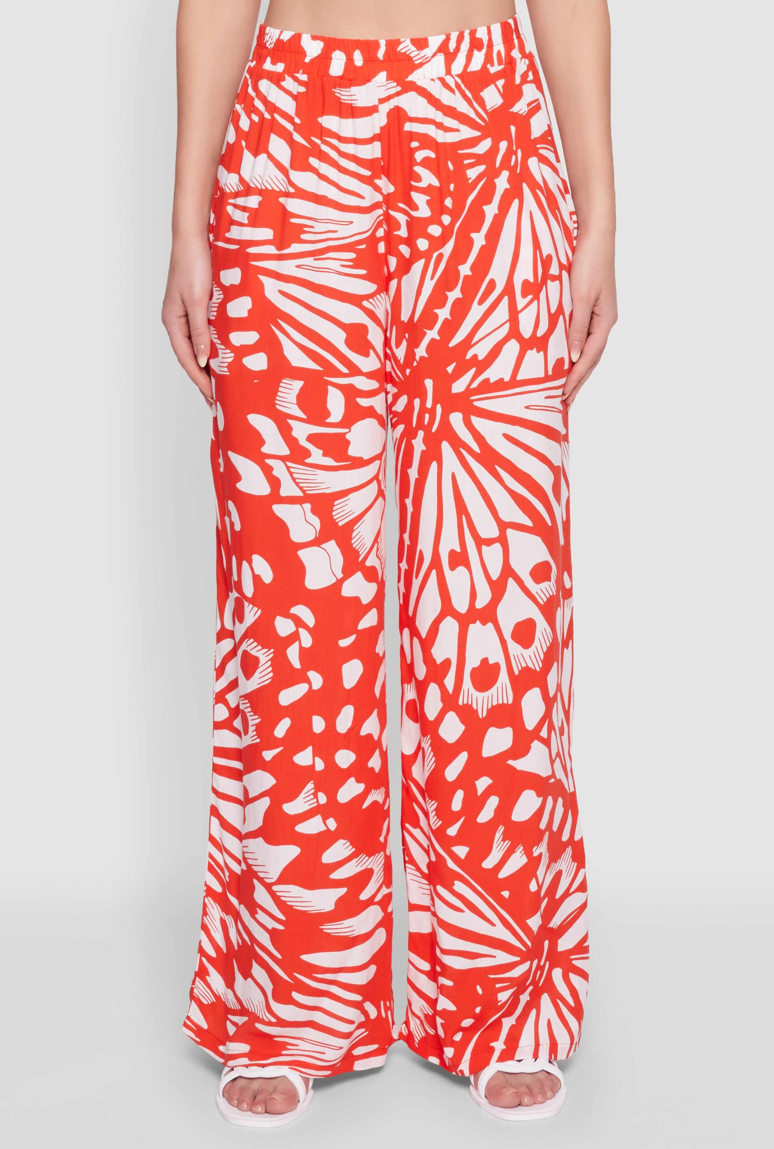 Trendy Abstract Butterfly Print High Waisted Wide Leg Pants