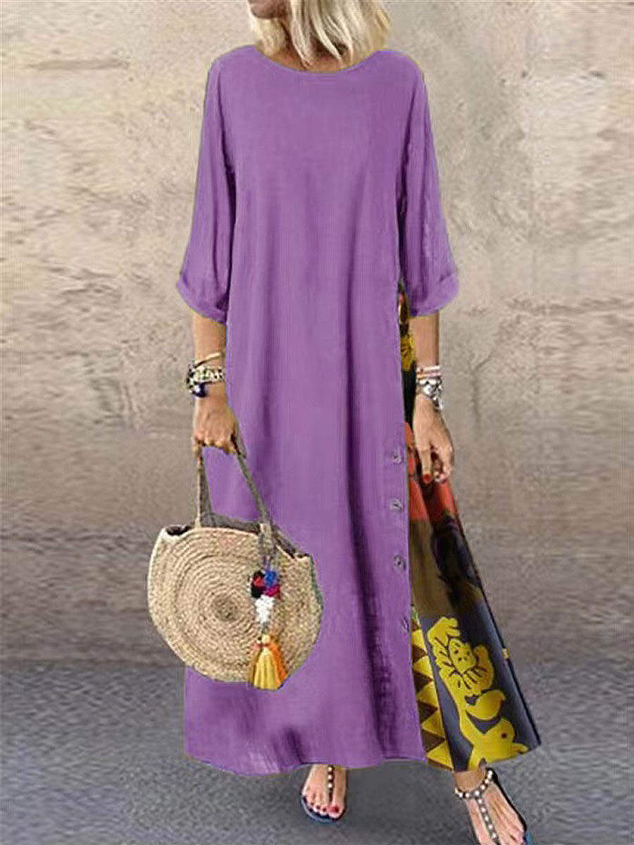 🔥Summer Arrivals🌟Women's Retro Floral Contrast Button Patchwork Cotton And Linen Casual Dress