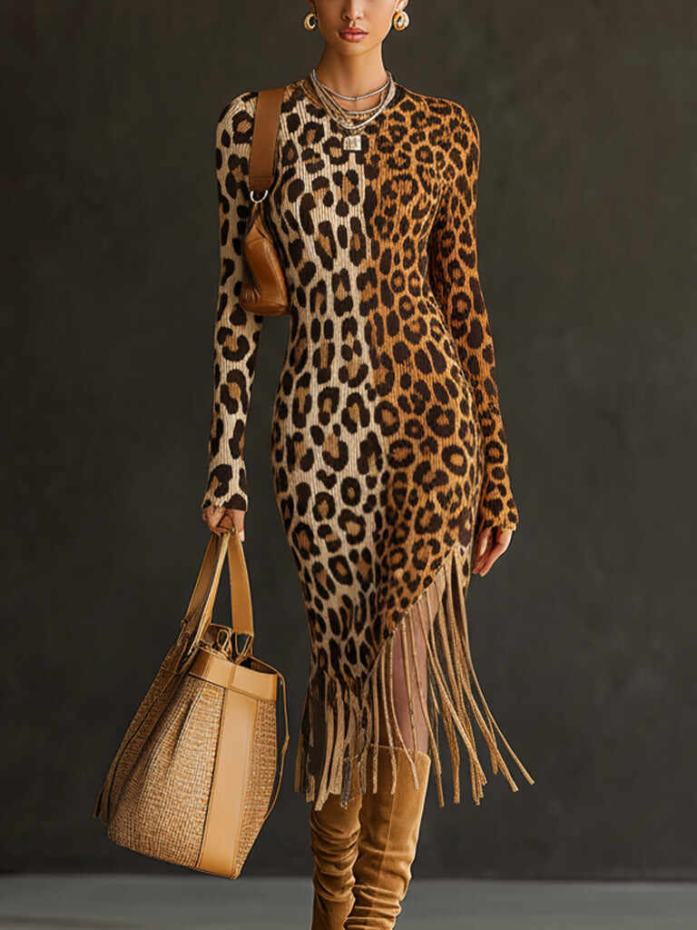 Brown Leopard Print Ribbed Knit Fringe Long Sleeve Bodycon Dress