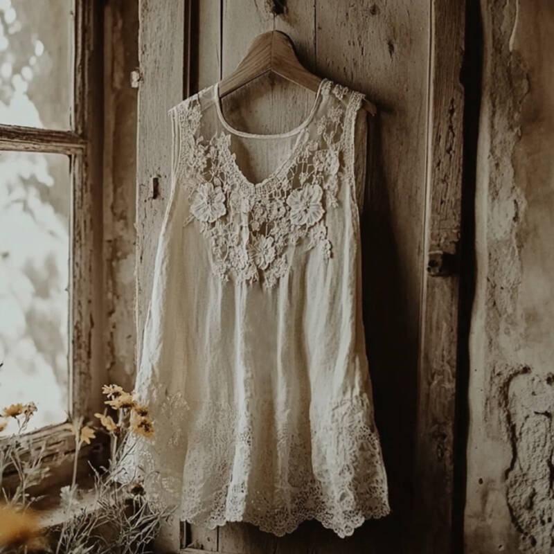 Vintage Lace Embroidery Art Linen Sleeveless Top