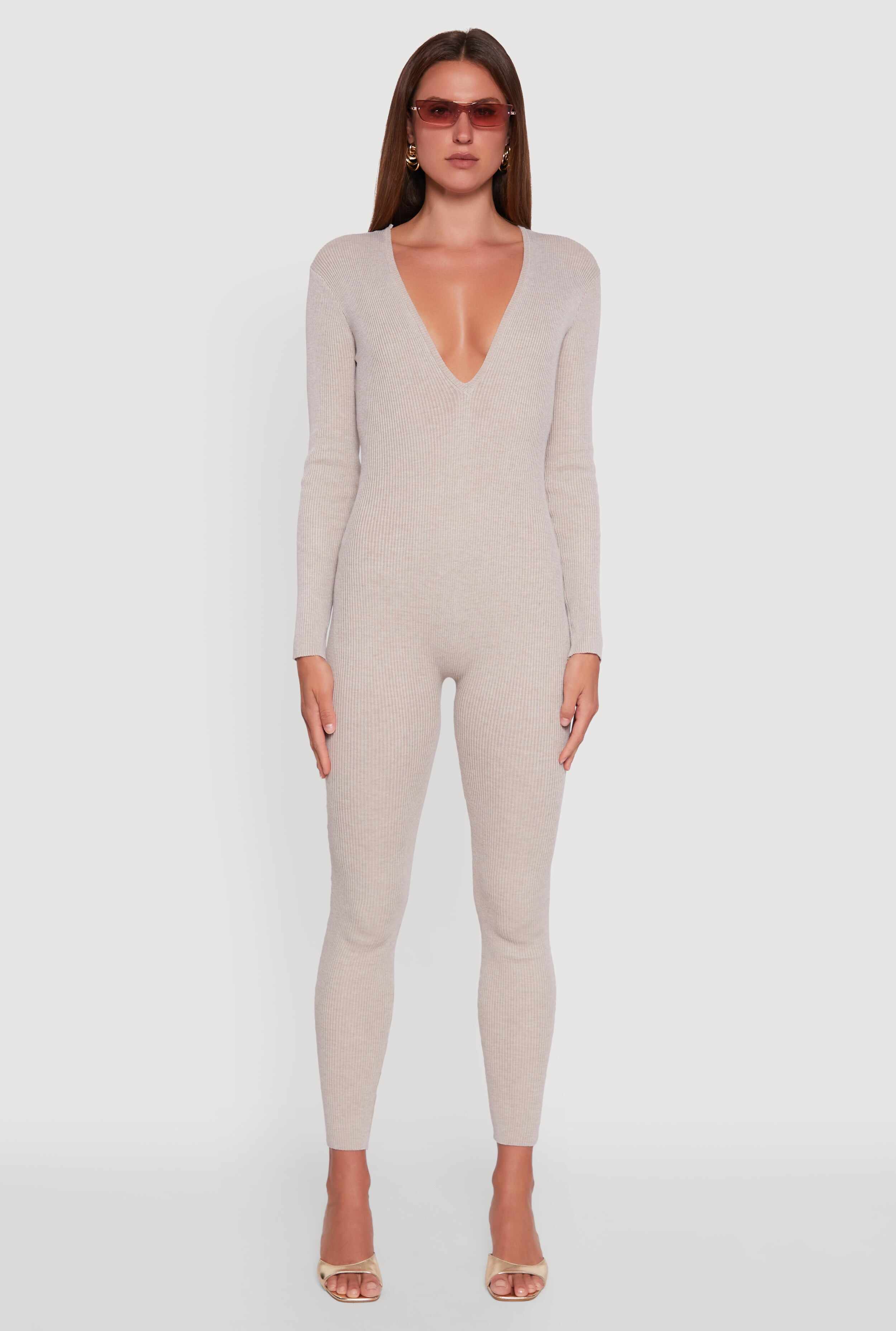 Ribbed Knit Lace-Up Back Long Sleeve Jumpsuit