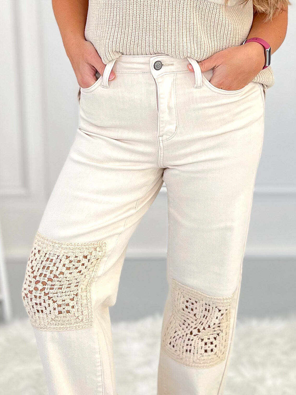 Christmas - Beige Dyed Crochet Patched Wide Jeans - Final Sale