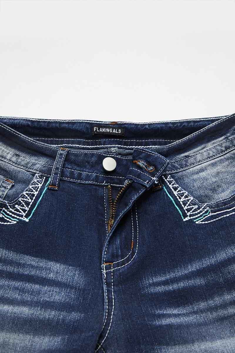 Embroidered Wash High Stretch Low Waist Capri Jeans
