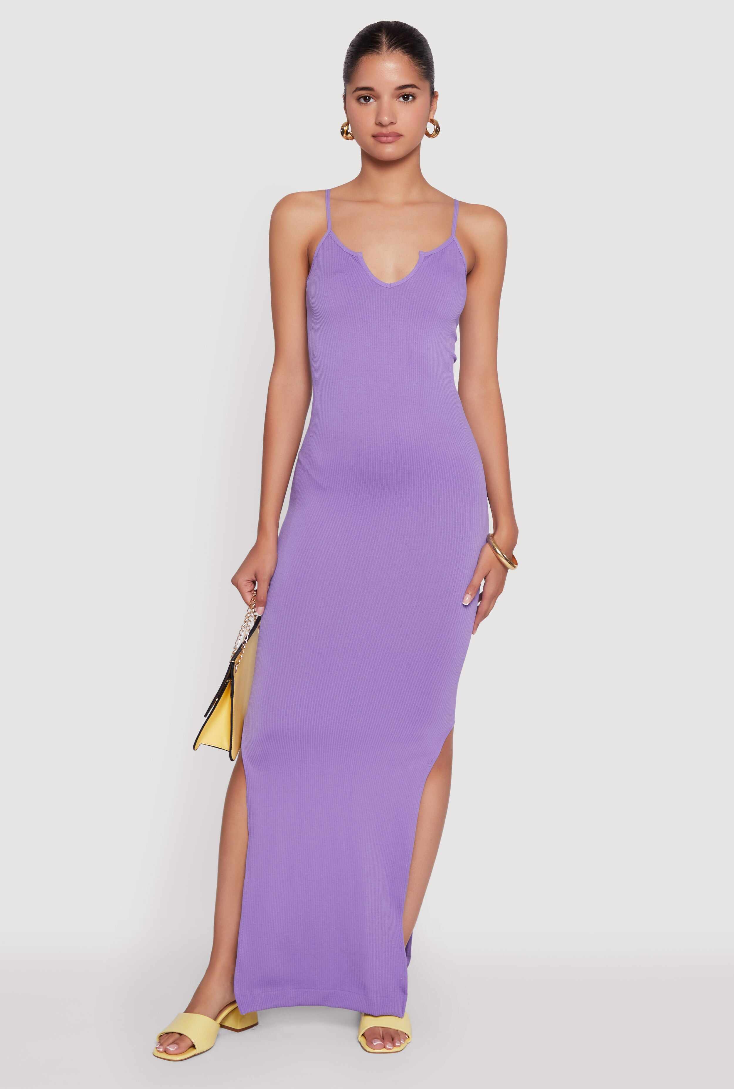 Ribbed Knit Sleeveless Notch Neck Maxi Dress