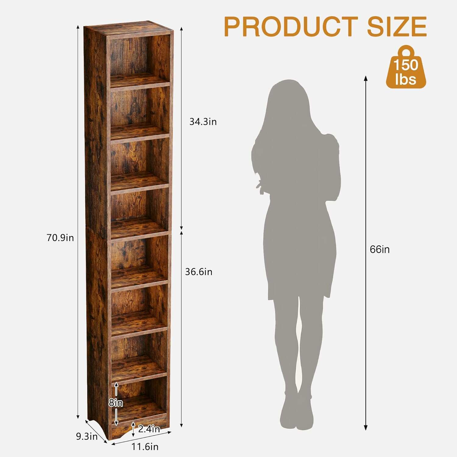 VECELO 8-Tier Tall Narrow Bookshelf