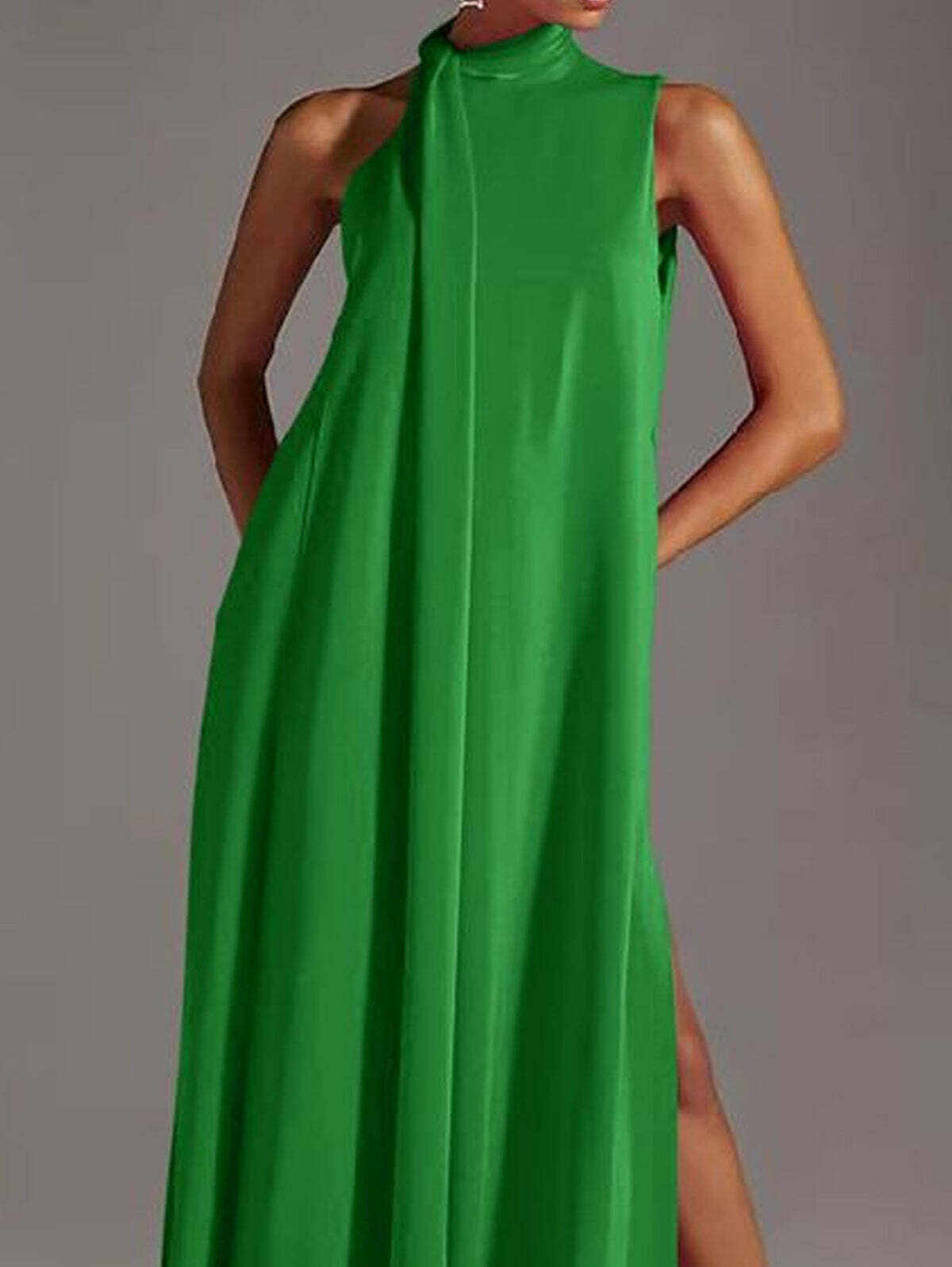 Elegant Plain Stand Collar Loose Slit Maxi Tank Dress