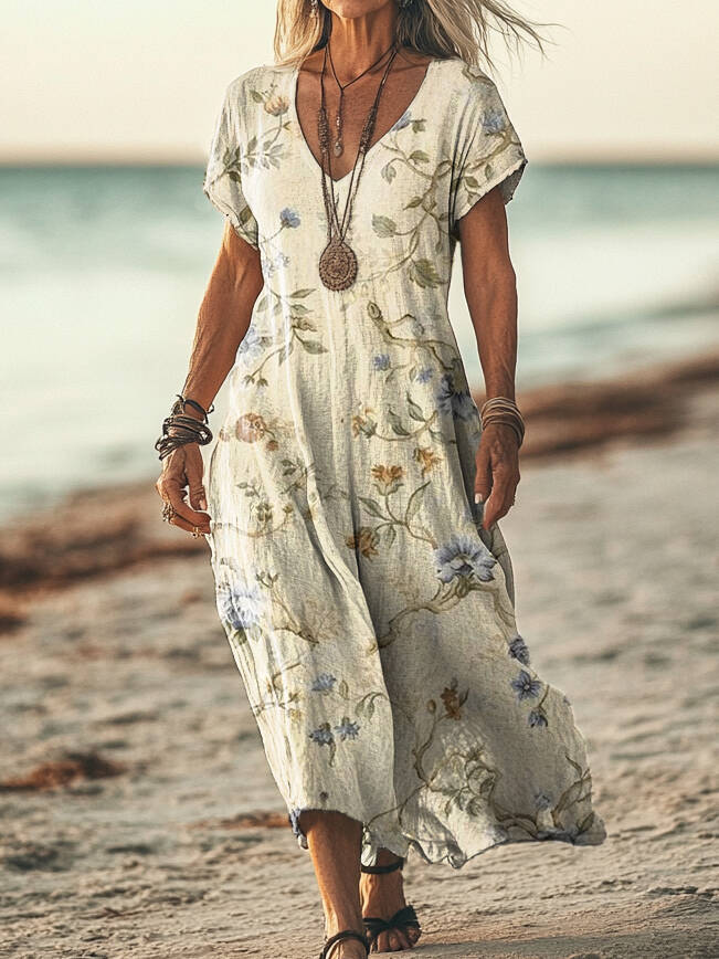 Women's Vintage Floral Art Print Pocket Cotton Dress