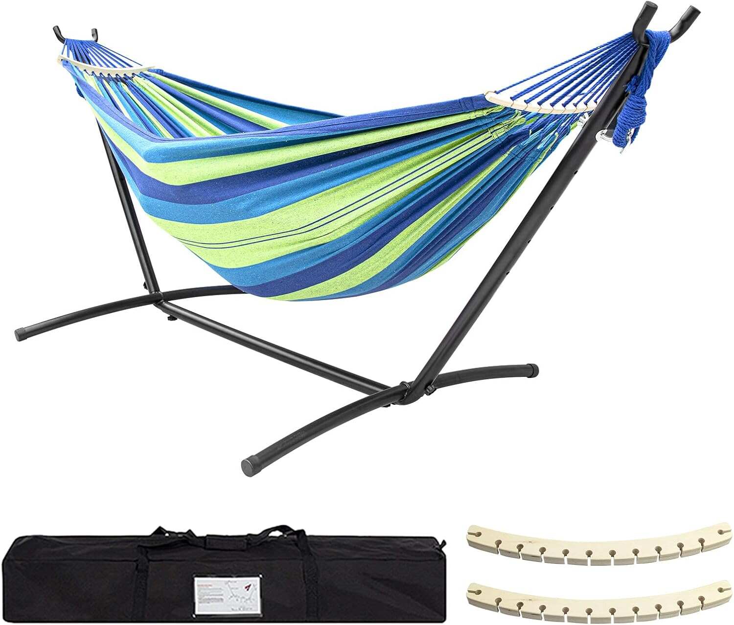 Double Hammock with Stand Included 450lb Capacity Steel Stand, Premium Carry Bag Included and Two Anti Roll Balance Beam, Portable Hammock with Stand for Backyard, Camping,Garden Brown Stripes