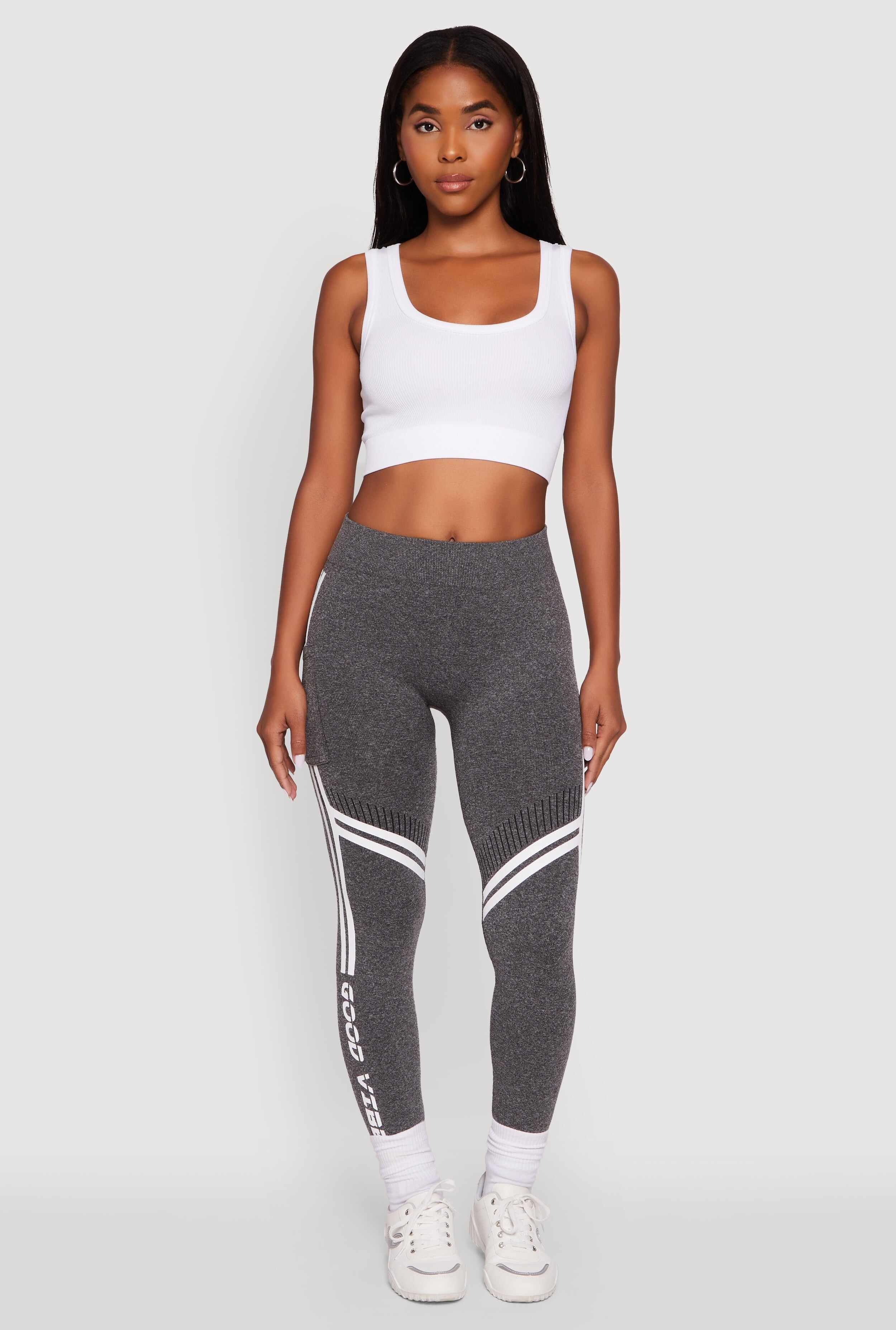 Good Vibes Graphic Varsity Stripe Side Leggings