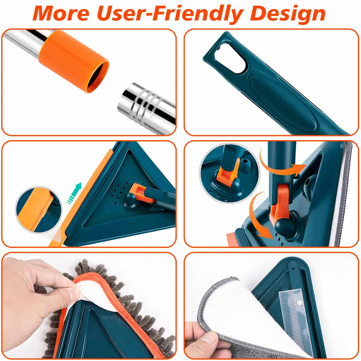 Long Handle Wall Cleaner Adjustable Length Wall Mop 360° Spinning Head Floor Wall Washing Cleaning Tool for Walls Ceiling Fans Floors Baseboards Dust Kitchen General Purpose, 6 Replacement Pads and 1 Silicone Squeegee